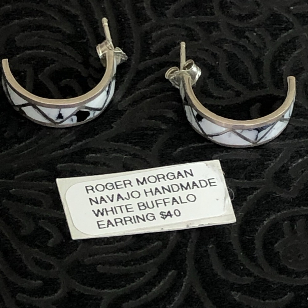 Roger Morgan Navajo Handmade White Buffalo Half Hoop Sterling‎ Silver Earrings - Picture 7 of 8
